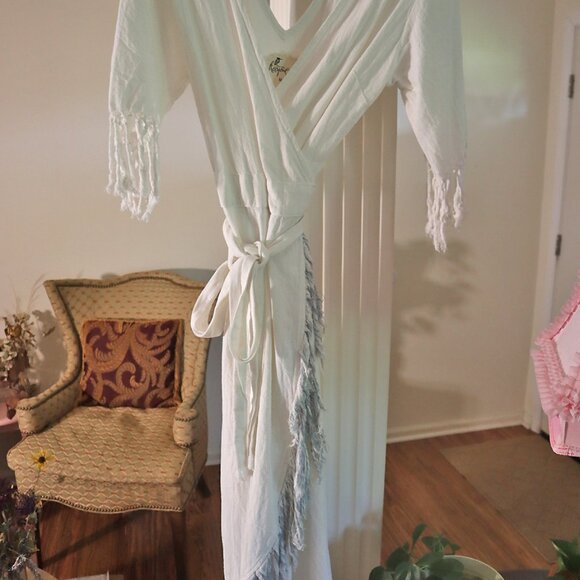 Organic White Boho Linen Wrap Dress w/ Fringe - Picture 4 of 5